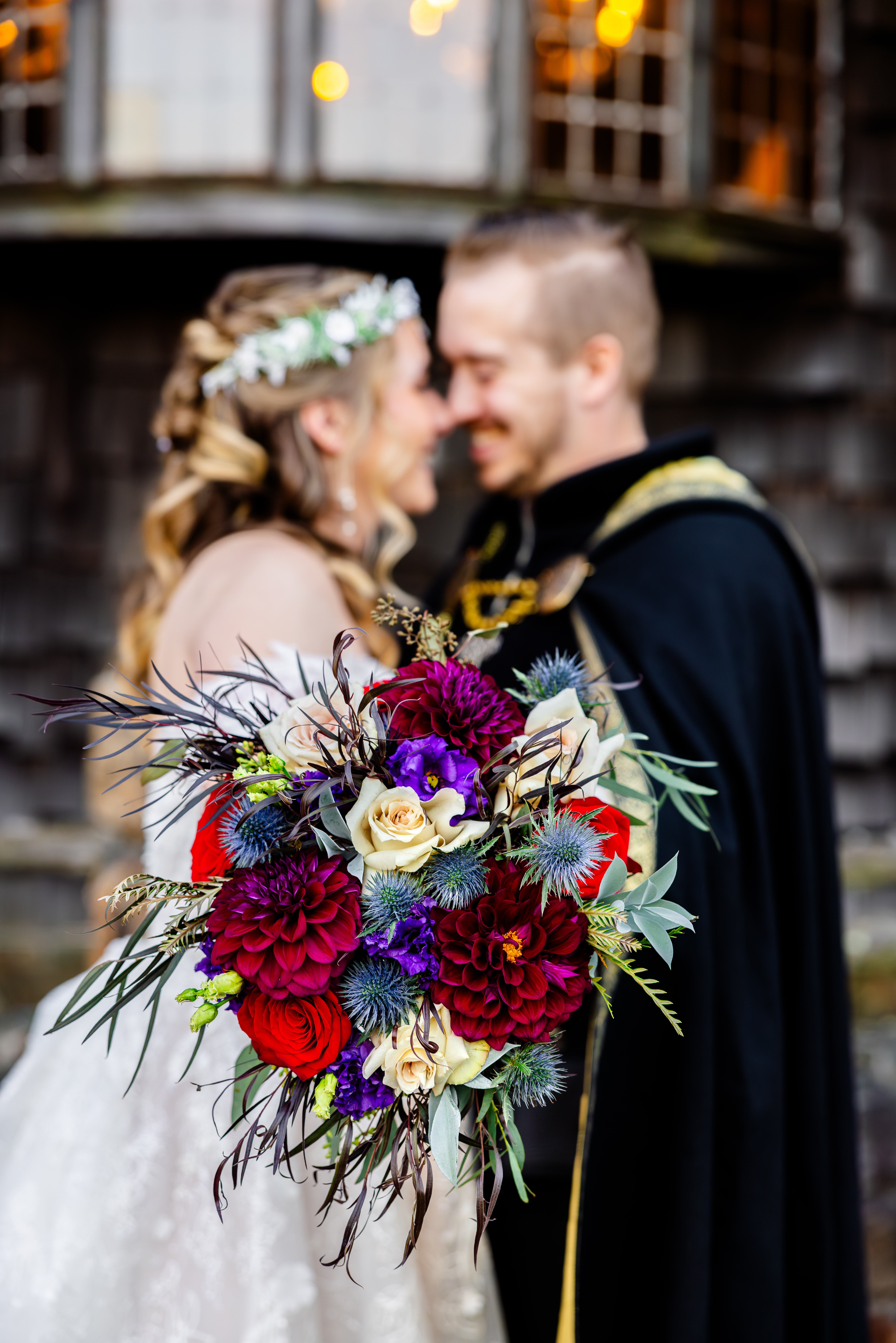Married Couple on Wedding Day holding flowers